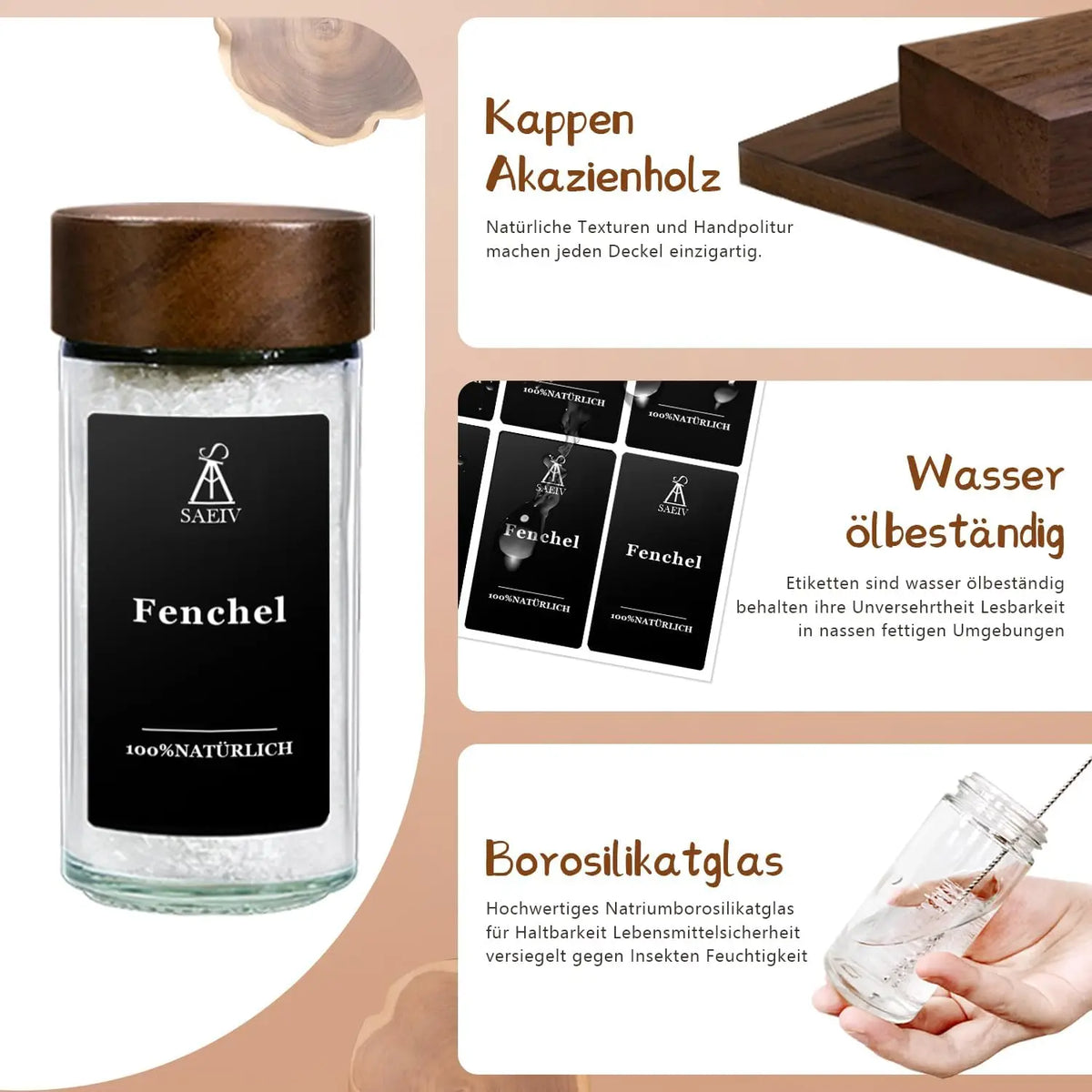 24 Stück 120ml Glasgewürzgläser mit Deckel aus natürlichem Akazienholz, runde Shaker-Behälter mit Etiketten für die Aufbewahrung in der Küche