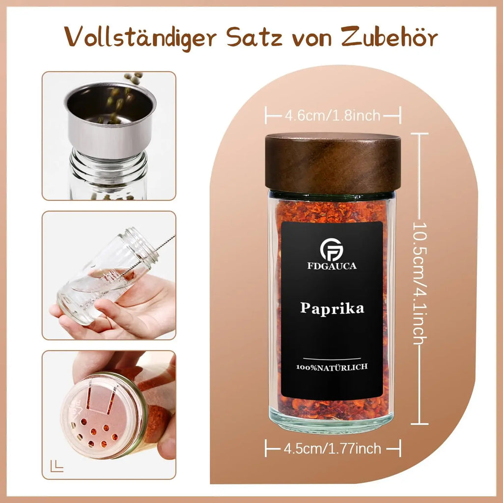 24 Stück 120ml Glasgewürzgläser mit Deckel aus natürlichem Akazienholz, runde Shaker-Behälter mit Etiketten für die Aufbewahrung in der Küche