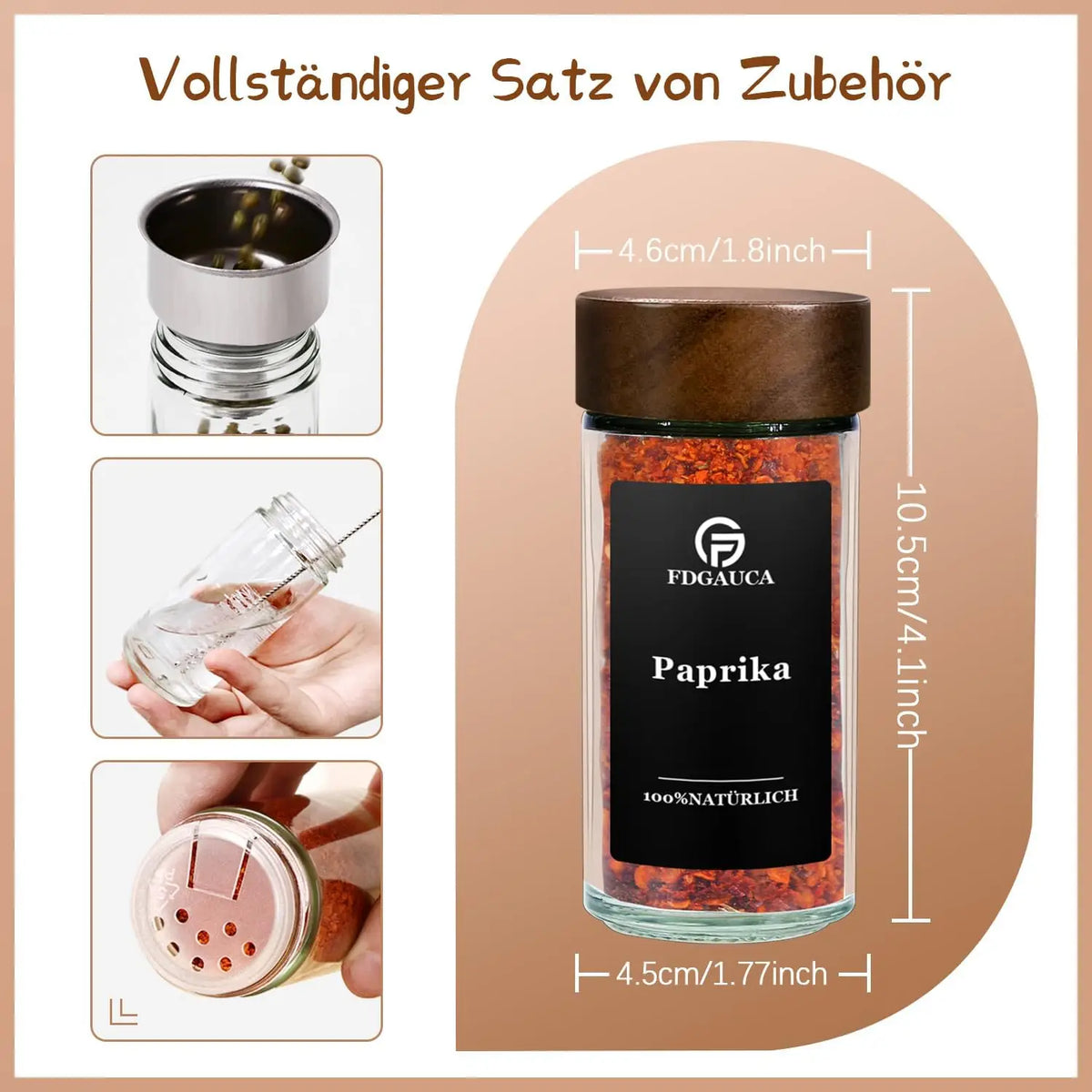 24 Stück 120ml Glasgewürzgläser mit Deckel aus natürlichem Akazienholz, runde Shaker-Behälter mit Etiketten für die Aufbewahrung in der Küche