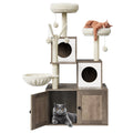 2-in-1-Katzenmöbel mit versteckter Katzentoilette & Kratzbaum, Katzenhaus aus Holz, Sisal-Kratzstamm, gepolsterter Liegefläche – ein mehrstöckiger Bereich zum Spielen und Ausruhen