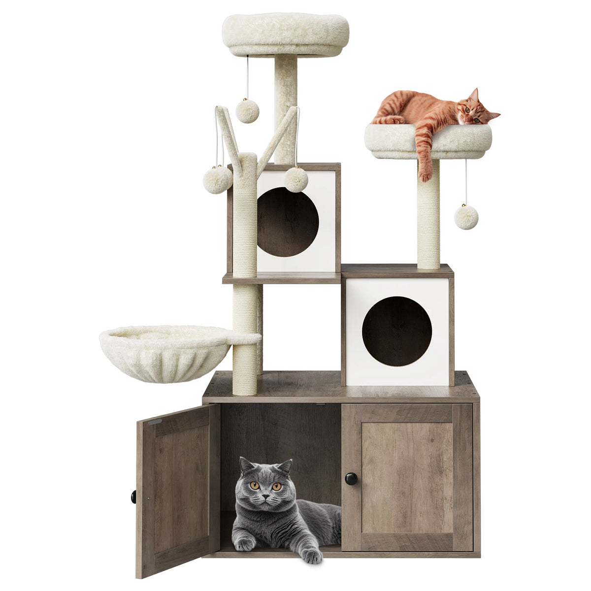 2-in-1-Katzenmöbel mit versteckter Katzentoilette & Kratzbaum, Katzenhaus aus Holz, Sisal-Kratzstamm, gepolsterter Liegefläche – ein mehrstöckiger Bereich zum Spielen und Ausruhen
