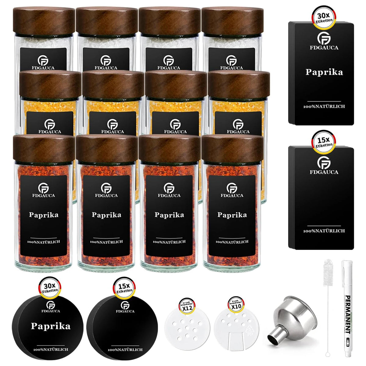 24 Stück 120ml Glasgewürzgläser mit Deckel aus natürlichem Akazienholz, runde Shaker-Behälter mit Etiketten für die Aufbewahrung in der Küche