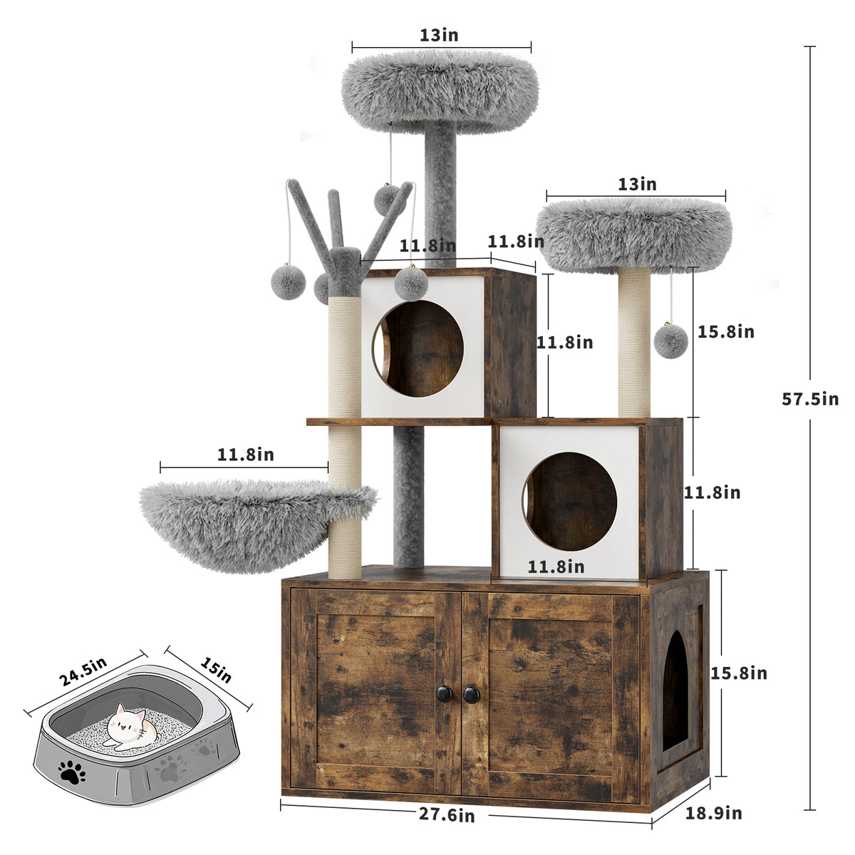 2-in-1-Katzenmöbel mit versteckter Katzentoilette & Kratzbaum, Katzenhaus aus Holz, Sisal-Kratzstamm, gepolsterter Liegefläche – ein mehrstöckiger Bereich zum Spielen und Ausruhen