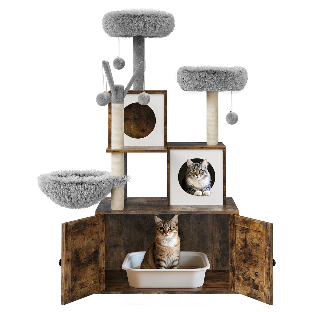 2-in-1-Katzenmöbel mit versteckter Katzentoilette & Kratzbaum, Katzenhaus aus Holz, Sisal-Kratzstamm, gepolsterter Liegefläche – ein mehrstöckiger Bereich zum Spielen und Ausruhen