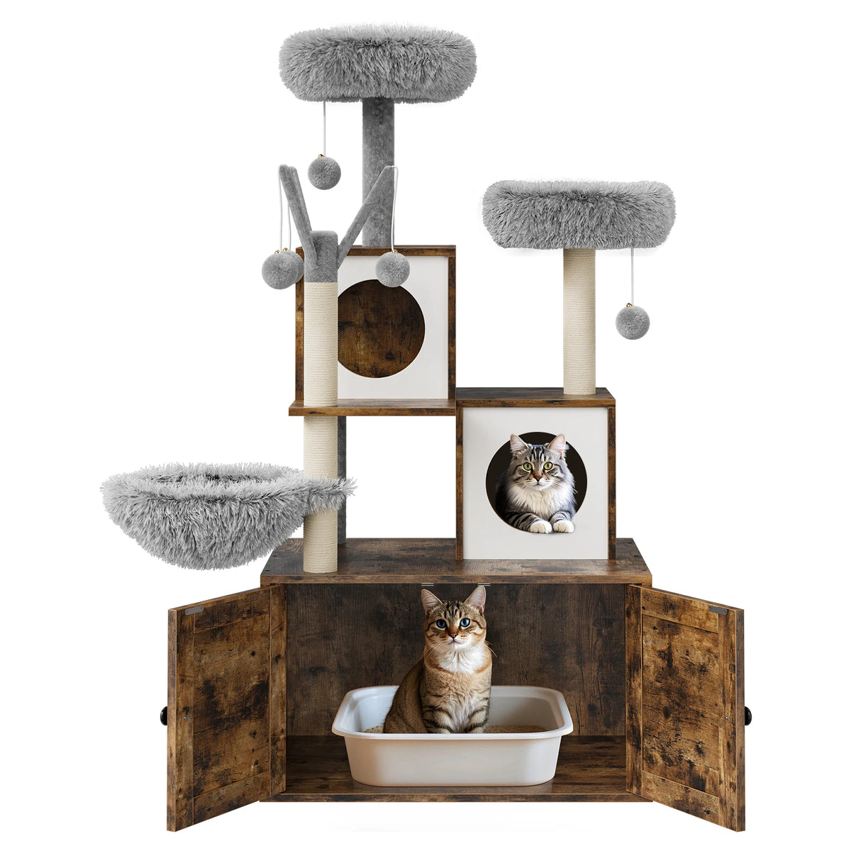2-in-1-Katzenmöbel mit versteckter Katzentoilette & Kratzbaum, Katzenhaus aus Holz, Sisal-Kratzstamm, gepolsterter Liegefläche – ein mehrstöckiger Bereich zum Spielen und Ausruhen