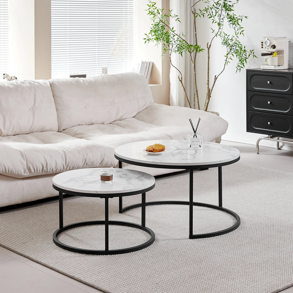 2-in-1 Couchtisch mit Marmor-Optik – Holz & Metall, Schwarz