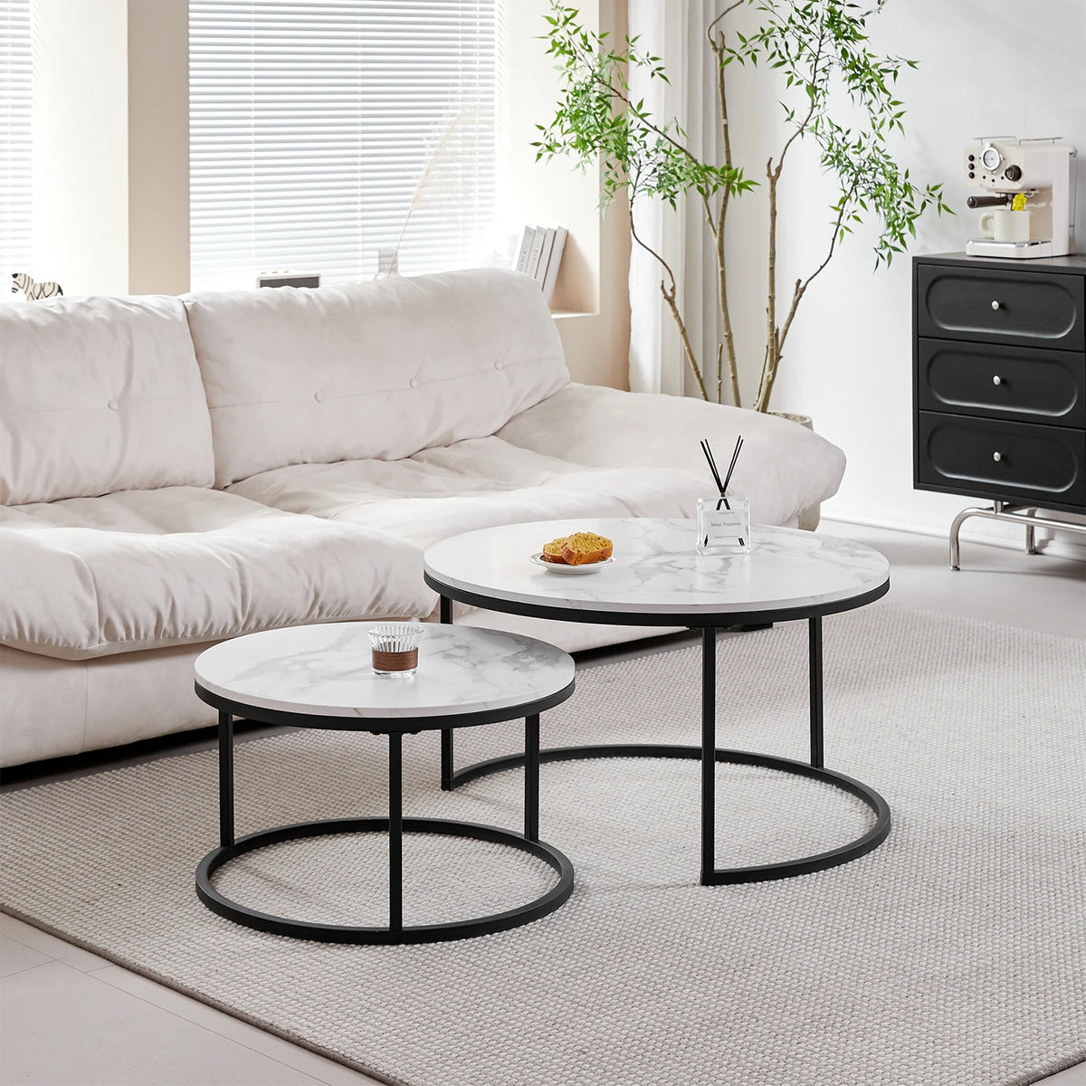 2-in-1 Couchtisch mit Marmor-Optik – Holz & Metall, Schwarz