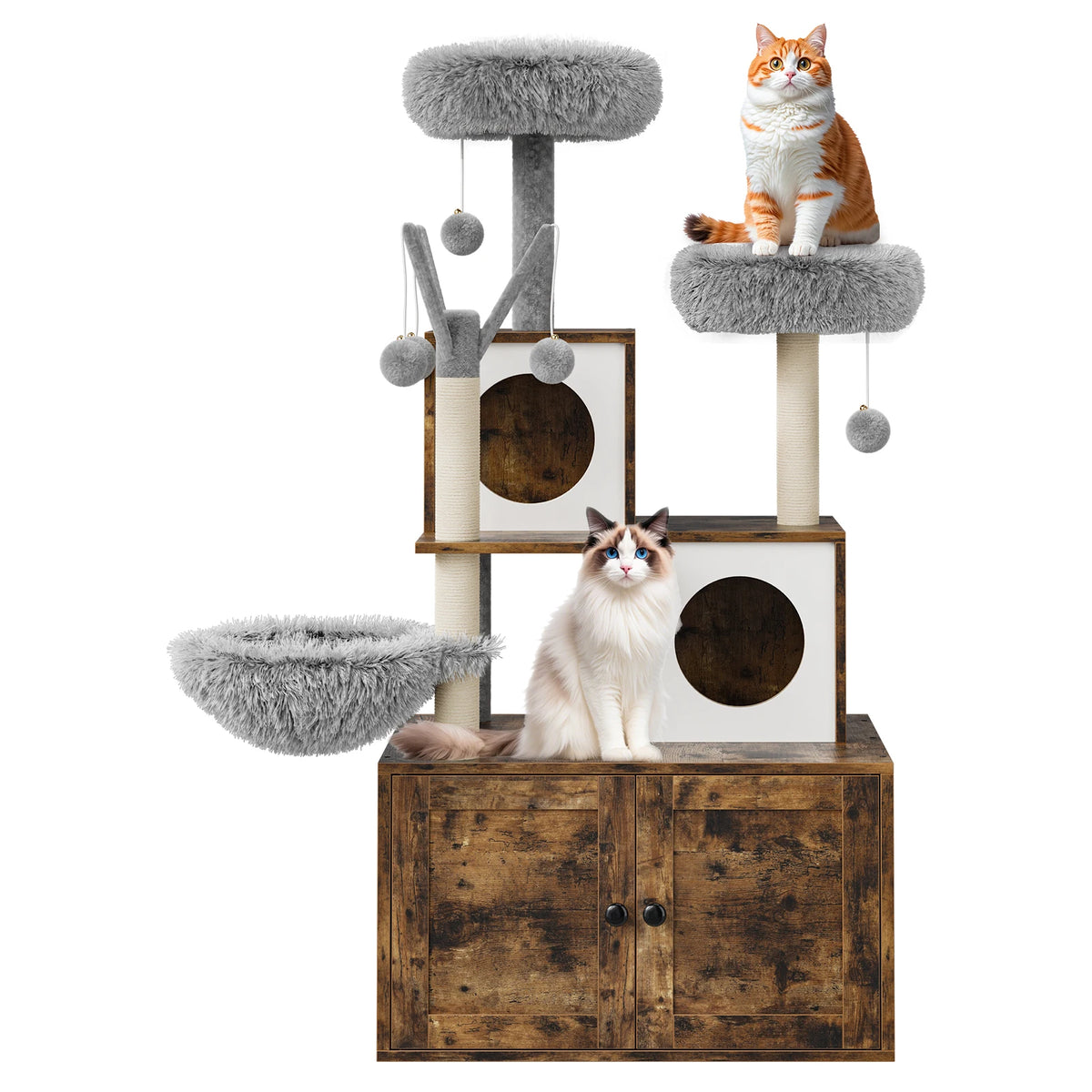 2-in-1-Katzenmöbel mit versteckter Katzentoilette & Kratzbaum, Katzenhaus aus Holz, Sisal-Kratzstamm, gepolsterter Liegefläche – ein mehrstöckiger Bereich zum Spielen und Ausruhen