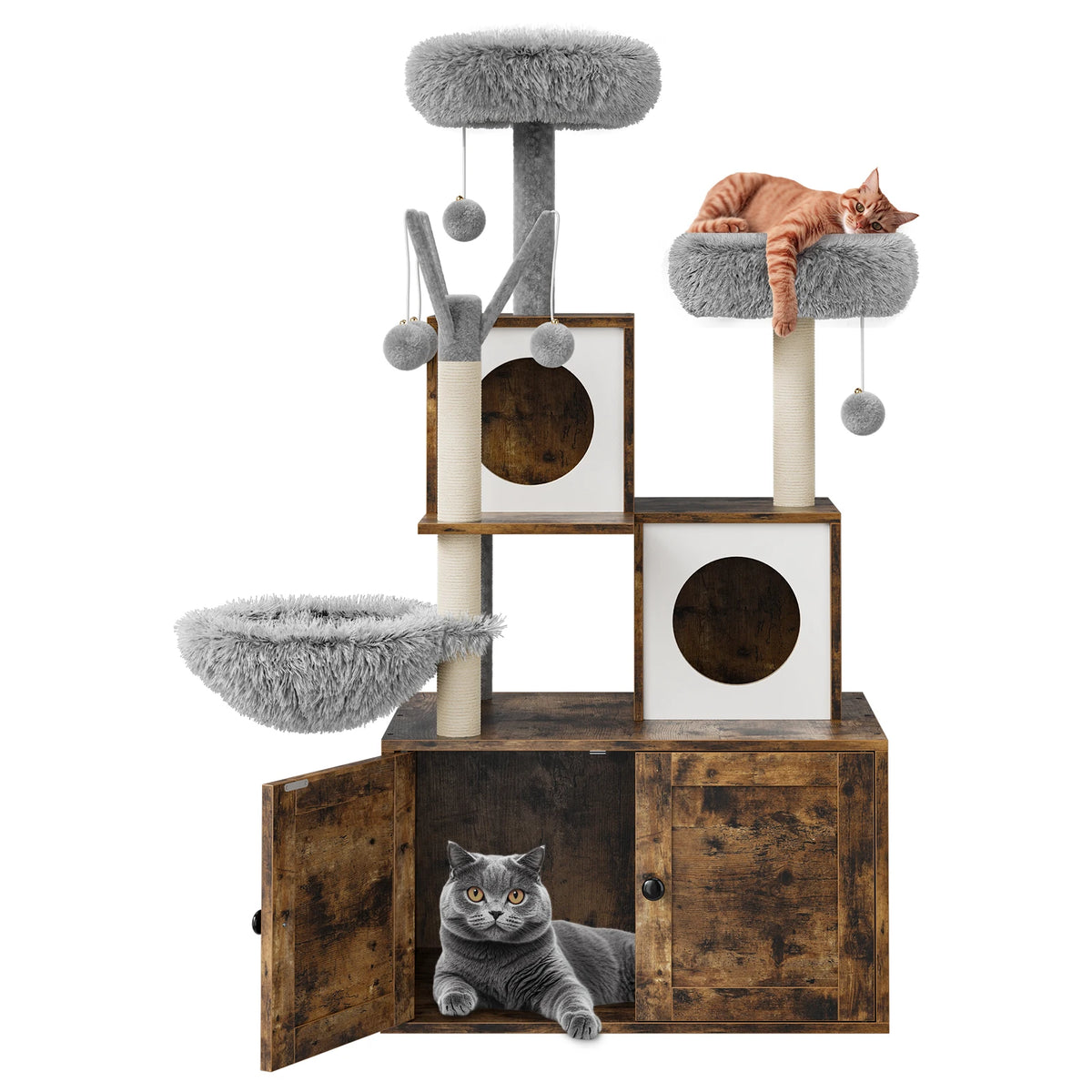 2-in-1-Katzenmöbel mit versteckter Katzentoilette & Kratzbaum, Katzenhaus aus Holz, Sisal-Kratzstamm, gepolsterter Liegefläche – ein mehrstöckiger Bereich zum Spielen und Ausruhen