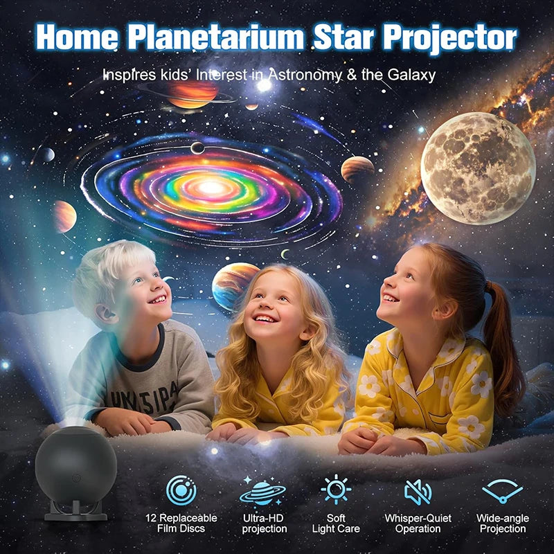 Galaxy Projektor, Sternprojektoren mit 12 Raumfilmen für Schlafzimmer Planetarium Nachtlicht Decke Nebel Wohnzimmer Spielzimmer Dekor