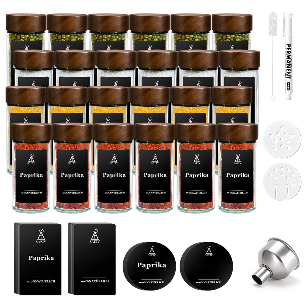 24 Stück 120ml Glasgewürzgläser mit Deckel aus natürlichem Akazienholz, runde Shaker-Behälter mit Etiketten für die Aufbewahrung in der Küche