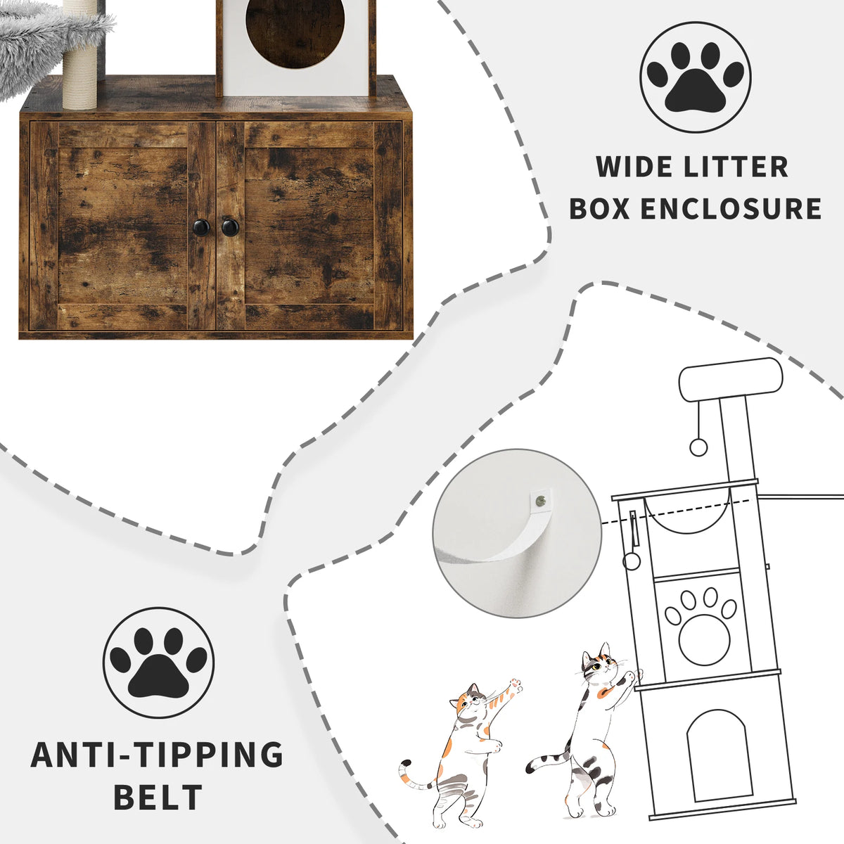 2-in-1-Katzenmöbel mit versteckter Katzentoilette & Kratzbaum, Katzenhaus aus Holz, Sisal-Kratzstamm, gepolsterter Liegefläche – ein mehrstöckiger Bereich zum Spielen und Ausruhen