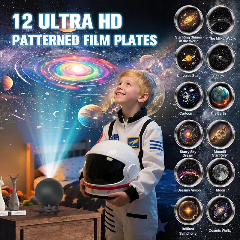 Galaxy Projektor, Sternprojektoren mit 12 Raumfilmen für Schlafzimmer Planetarium Nachtlicht Decke Nebel Wohnzimmer Spielzimmer Dekor