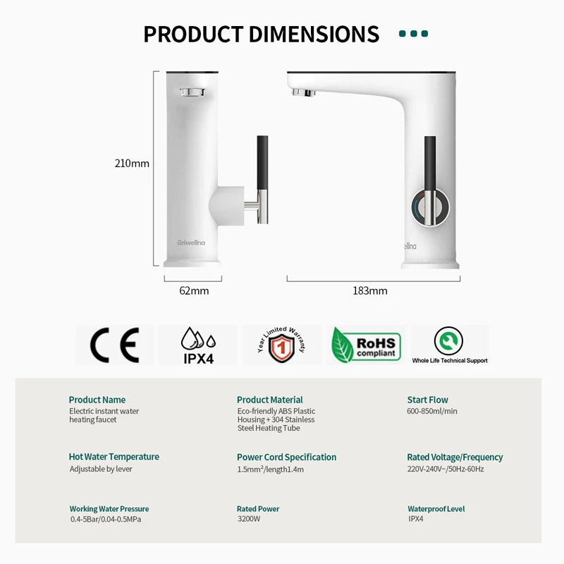 Briwellna Elektrische Warmwasserbereiter 220V Küchenarmatur Tankless Geysire Wasserhahn Heizung Wasserhahn Instant Heater Robinet