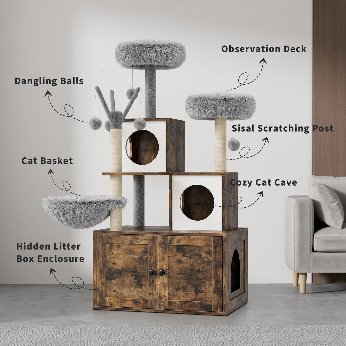 2-in-1-Katzenmöbel mit versteckter Katzentoilette & Kratzbaum, Katzenhaus aus Holz, Sisal-Kratzstamm, gepolsterter Liegefläche – ein mehrstöckiger Bereich zum Spielen und Ausruhen